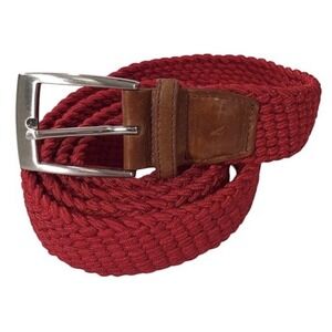 Peter Milar Men Size XXL Braided Woven Stretch Belt Red W/Brown Leather Buckle